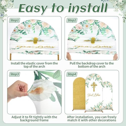 3Pcs God Bless Backdrop Cover Baptism Backdrop Cover for Round Top Arch First Holy Communion Arch Party Decor, alternate view