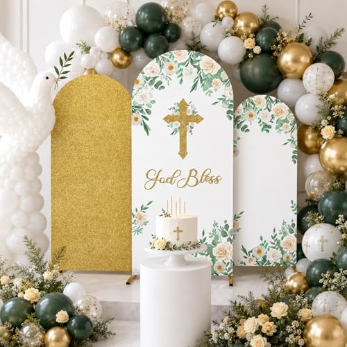 3Pcs God Bless Backdrop Cover Baptism Backdrop Cover for Round Top Arch First Holy Communion Arch Party Decor, alternate view