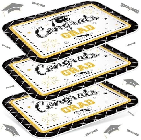 3Pcs Graduation Serving Trays 13 x 10 Inch Bachelor' s Hat Diploma Glitter Reusable Melamine Platter Congrats