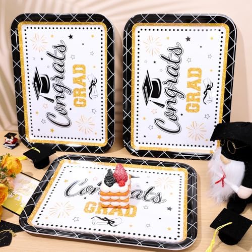 3Pcs Graduation Serving Trays 13 x 10 Inch Bachelor' s Hat Diploma Glitter Reusable Melamine Platter Congrats, alternate view