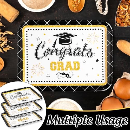 3Pcs Graduation Serving Trays 13 x 10 Inch Bachelor' s Hat Diploma Glitter Reusable Melamine Platter Congrats, alternate view