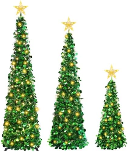3PCS Green Pop Up Christmas Trees with Lighted Top Star, 3FT / 4FT / 5FT in Green