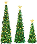 3PCS Green Pop Up Christmas Trees with Lighted Top Star, 3FT / 4FT / 5FT in Green