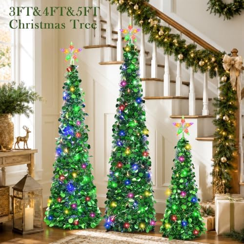 3PCS Green Pop Up Christmas Trees with Lighted Top Star, 3FT / 4FT / 5FT in Green, alternate view 3