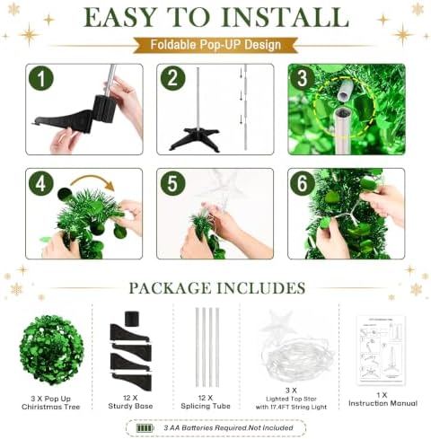 3PCS Green Pop Up Christmas Trees with Lighted Top Star, 3FT / 4FT / 5FT in Green, alternate view 4