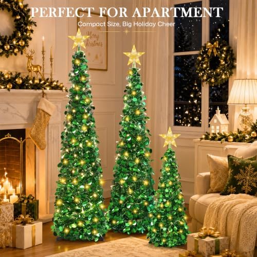 3PCS Green Pop Up Christmas Trees with Lighted Top Star, 3FT / 4FT / 5FT in Green, alternate view 5