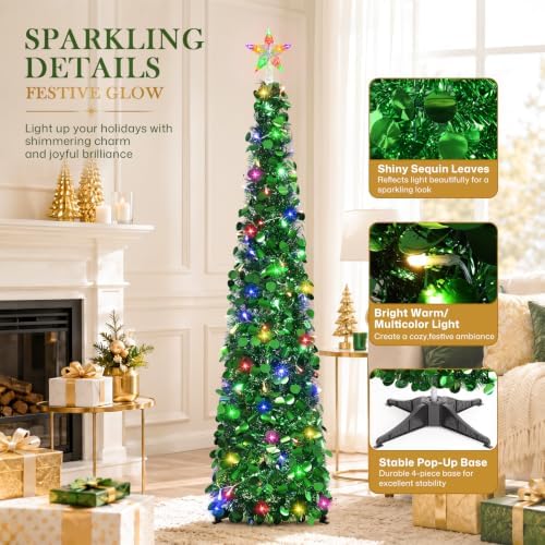 3PCS Green Pop Up Christmas Trees with Lighted Top Star, 3FT / 4FT / 5FT in Green, alternate view 6