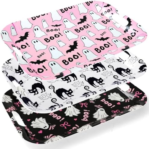 3Pcs Halloween Ghost Serving Trays 16.4 x 11 Inch Pink Boo Ghost Black Cat Platter with Handles Reusable Serving