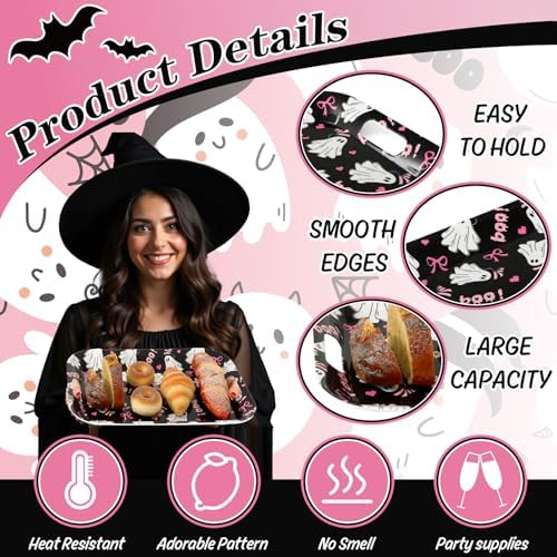 3Pcs Halloween Ghost Serving Trays 16.4 x 11 Inch Pink Boo Ghost Black Cat Platter with Handles Reusable Serving, alternate
