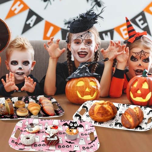 3Pcs Halloween Ghost Serving Trays 16.4 x 11 Inch Pink Boo Ghost Black Cat Platter with Handles Reusable Serving, alternate