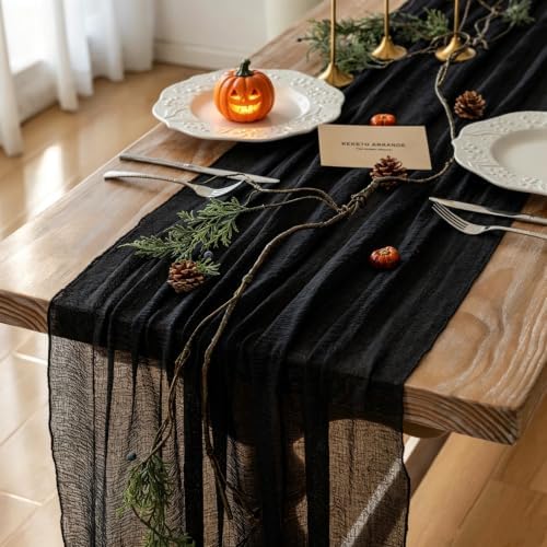 3Pcs Halloween Holiday Black Cheesecloth Table Runner 120 Inch for Decor