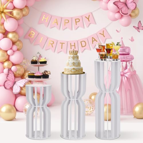 3Pcs Hourglass-Shaped Cake Stand with Cylinder Pedestal, Large White Round Plinth for Weddings, Birthdays, Baby