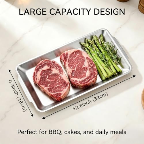 3Pcs Large Silver Serving Trays, 12.6" x 6.3" Stainless Steel Heavy-Duty Large Serving Trays, Silver Rectangular, alternate