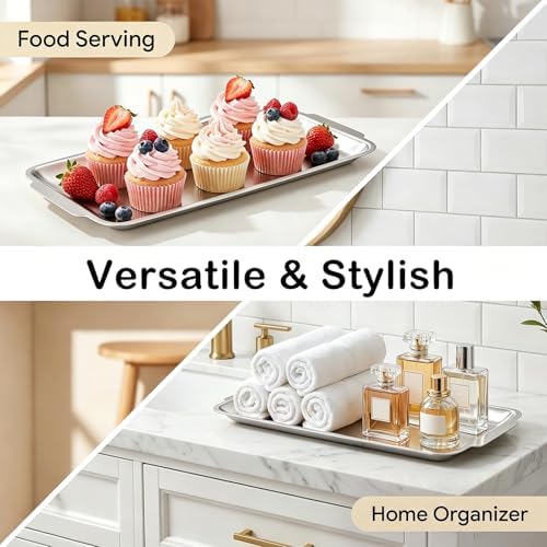 3Pcs Large Silver Serving Trays, 12.6" x 6.3" Stainless Steel Heavy-Duty Large Serving Trays, Silver Rectangular, alternate