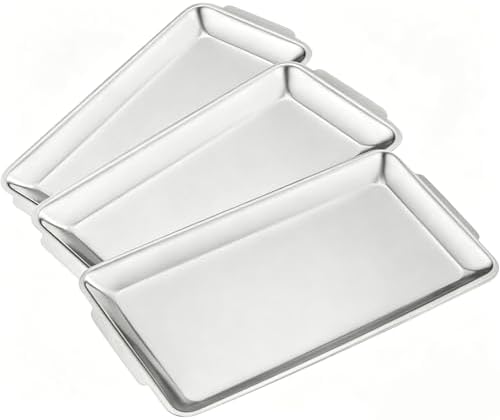 3Pcs Large Silver Serving Trays, 15.7" x 9.5" Stainless Steel Heavy-Duty Large Serving Trays, Silver Rectangular