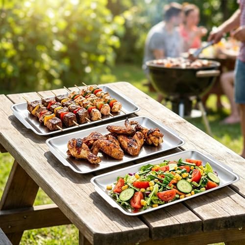 3Pcs Large Silver Serving Trays, 15.7" x 9.5" Stainless Steel Heavy-Duty Large Serving Trays, Silver Rectangular, alternate