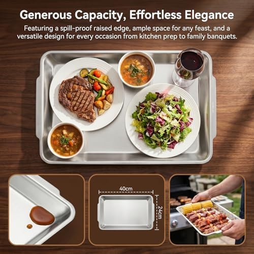3Pcs Large Silver Serving Trays, 15.7" x 9.5" Stainless Steel Heavy-Duty Large Serving Trays, Silver Rectangular, alternate