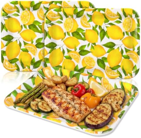 3Pcs Lemon Serving Trays Reusable Serving Dishes Watercolor Yellow Lemon Platter for Summer Fruit Birthday Party