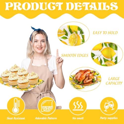 3Pcs Lemon Serving Trays Reusable Serving Dishes Watercolor Yellow Lemon Platter for Summer Fruit Birthday Party, alternate