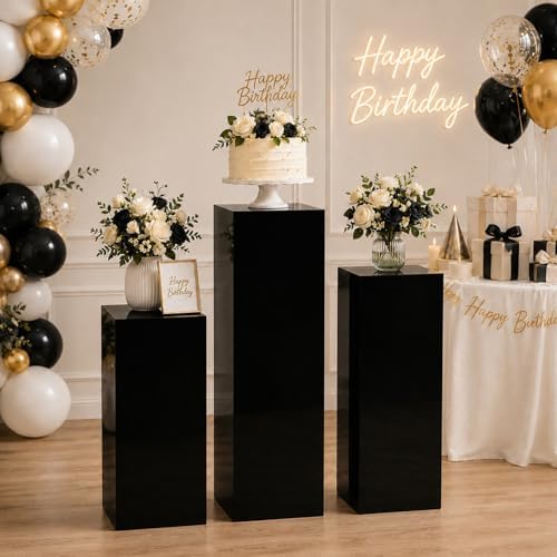 3PCS Metal Black Display Pedestal Stand for Parties, Square Tall Pedestal Cake Stands Pillars for Wedding
