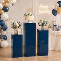 3PCS Metal Blue Display Pedestal Stand for Parties, Square Tall Pedestal Cake Stands Pillars for Wedding