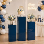 3PCS Metal Blue Display Pedestal Stand for Parties, Square Tall Pedestal Cake Stands Pillars for Wedding