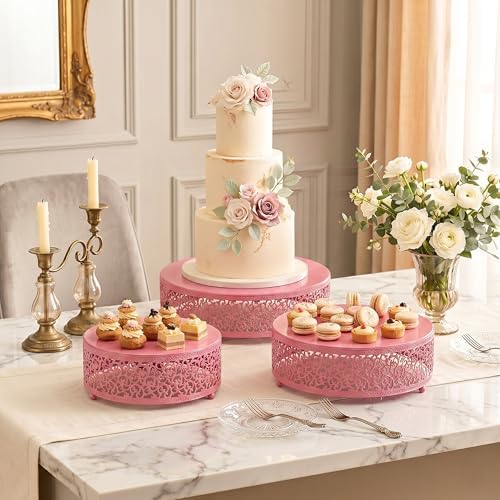 3Pcs Metal Food Risers, Buffet Table Display Stand in Pink, alternate view 4