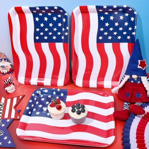 3Pcs Patriotic Serving Trays 250th Anniversary USA Flag Melamine Platter 13 x 10 Inch Red Blue White 4th of July, alternate