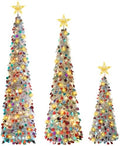 3PCS Pop Up Christmas Trees with Lighted Top Star Decorations, 3FT&4FT&5FT in Silver Mix