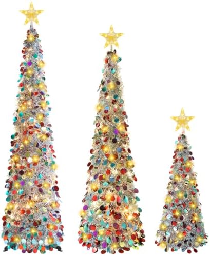 3PCS Pop Up Christmas Trees with Lighted Top Star Decorations, 3FT&4FT&5FT in Silver Mix