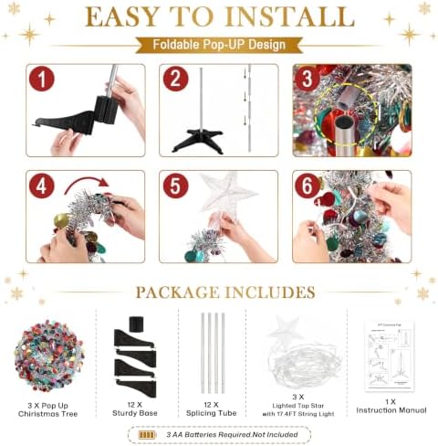 3PCS Pop Up Christmas Trees with Lighted Top Star Decorations, 3FT&4FT&5FT in Silver Mix, alternate view 4