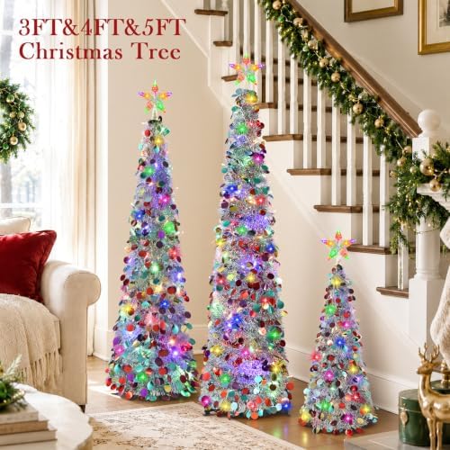 3PCS Pop Up Christmas Trees with Lighted Top Star Decorations, 3FT&4FT&5FT in Silver Mix, alternate view 5