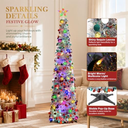 3PCS Pop Up Christmas Trees with Lighted Top Star Decorations, 3FT&4FT&5FT in Silver Mix, alternate view 6