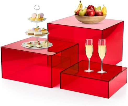 3Pcs Red Buffet Risers Acrylic Boxes Display Food Risers for Buffet Table Platter Parties Weddings Catering