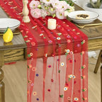 3PCS Red Embroidery Daisy Gauze Table Runner 120 Inch 10FT