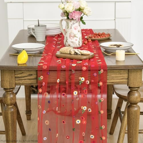 3PCS Red Embroidery Daisy Gauze Table Runner 120 Inch 10FT, alternate view 2