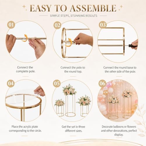 3PCS Round Cylinder Pedestal Stands Set, Gold Metal Display Columns with Removable Acrylic Tops, Sturdy Iron, alternate view