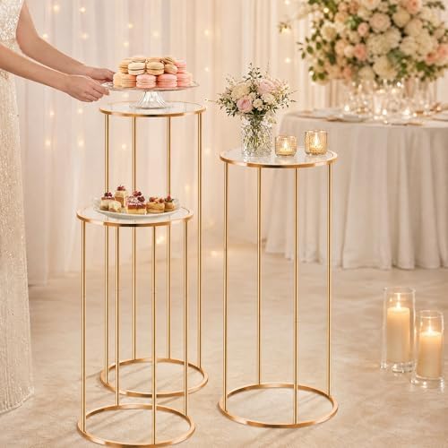 3PCS Round Cylinder Pedestal Stands Set, Gold Metal Display Columns with Removable Acrylic Tops, Sturdy Iron, alternate view