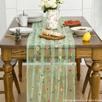 3PCS Sage Green Embroidery Daisy Gauze Table Runner 120 Inch in 28" x 120", 3pc in Sage Green, alternate view 2