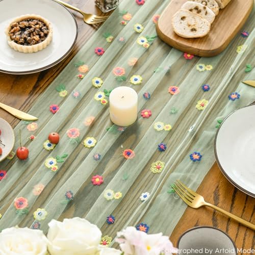 3PCS Sage Green Embroidery Daisy Gauze Table Runner 120 Inch in 28" x 120", 3pc in Sage Green, alternate view 4