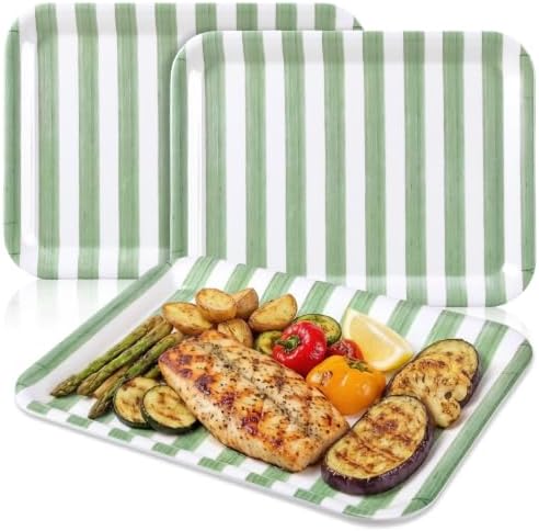 3Pcs Sage Green Stripe Serving Trays Hand Painted Striped Serving Dish Reusable Melamine Platter for Wedding