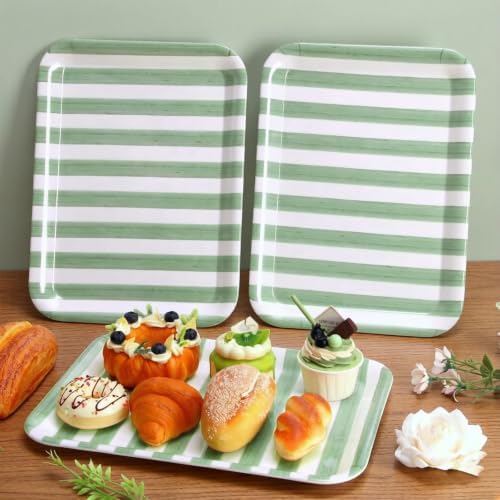 3Pcs Sage Green Stripe Serving Trays Hand Painted Striped Serving Dish Reusable Melamine Platter for Wedding, alternate view