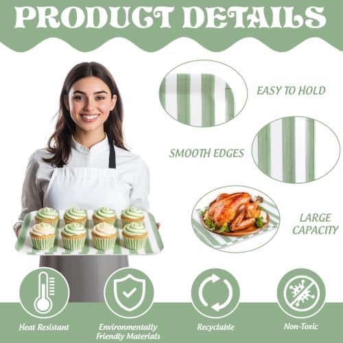3Pcs Sage Green Stripe Serving Trays Hand Painted Striped Serving Dish Reusable Melamine Platter for Wedding, alternate view