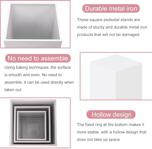 3PCS Small Rectangular Pedestal Stands for Parties, White Metal Rectangular Plinths Dessert Table Cube Display, alternate