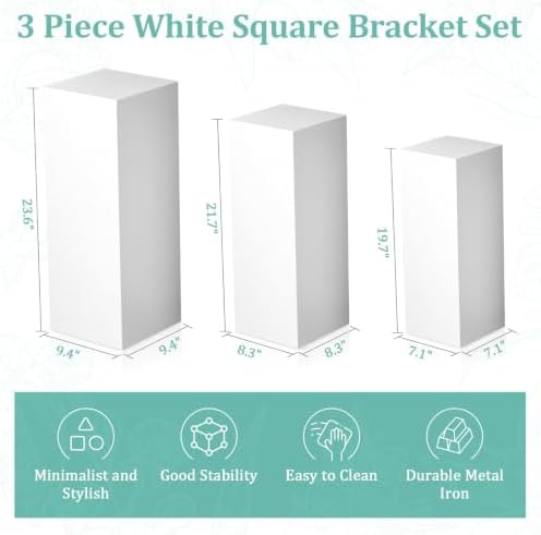 3Pcs Square Pedestal Stands for Party-Metal Display Plinth Pillars in White, alternate view 3