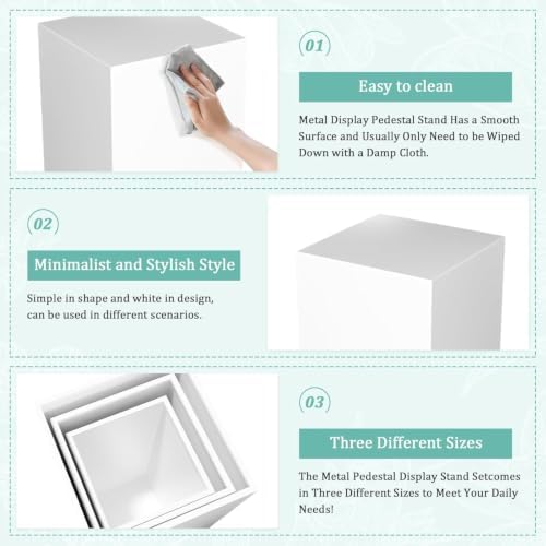 3Pcs Square Pedestal Stands for Party-Metal Display Plinth Pillars in White, alternate view 4
