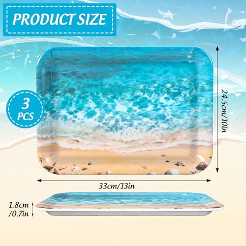 3Pcs Summer Beach Serving Trays Reusable Serving Dishes Ocean Wave Sand Seashell Starfish Platter for Outdoor, alternate view