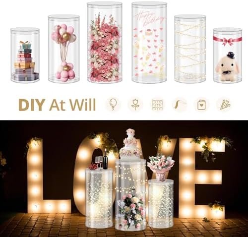 3Pcs Transparent Cylinder Pedestal Stands, Thickened PVC Round Pedestal Display Plinth Pillars for Wedding, alternate view 6