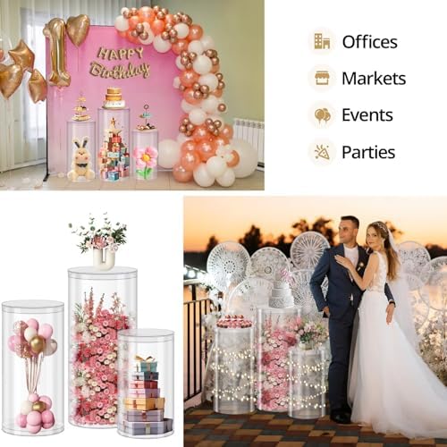 3Pcs Transparent Cylinder Pedestal Stands, Thickened PVC Round Pedestal Display Plinth Pillars for Wedding, alternate view 7