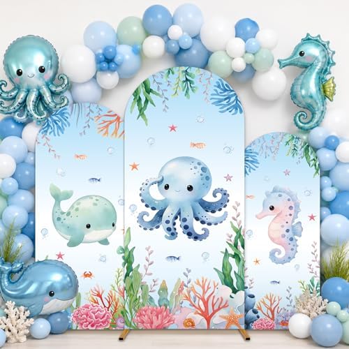3Pcs Under The Sea Party Decoration Ocean Arch Backdrop Cover Set Underwater Milk Silk Fitted Arch Stand Cover